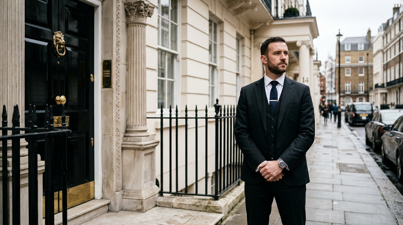 Suited executive security officer outside luxury London residence